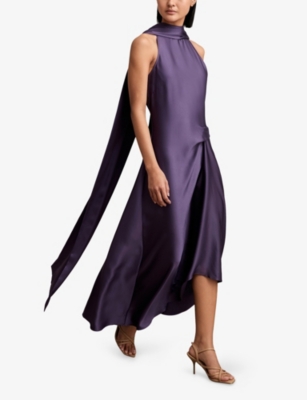 Reiss Womens Purple Michelle Cowl-neck Side-tuck Satin Midi Dress In Purple