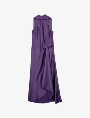 Reiss Womens Purple Michelle Cowl-neck Side-tuck Satin Midi Dress