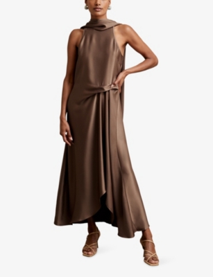 REISS: Michelle Cowl-Neck Side-Tuck Satin Midi Dress