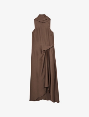 Reiss Womens Taupe Brown Michelle Cowl-neck Side-tuck Satin Midi Dress In Brown