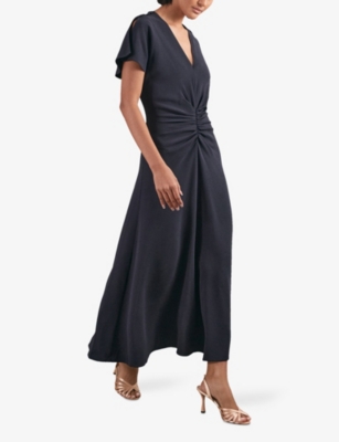 Reiss Womens Navy Rowe Ruched-front Stretch-woven Midi Dress In Blue
