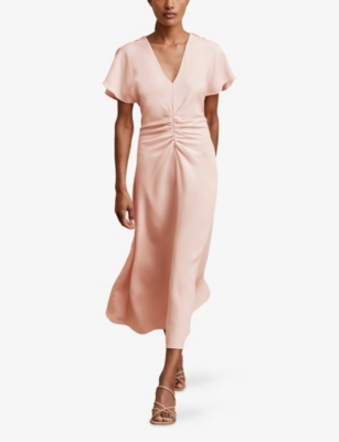 Reiss Womens Pale Pink Rowe Ruched-front Stretch-woven Midi Dress In Brown
