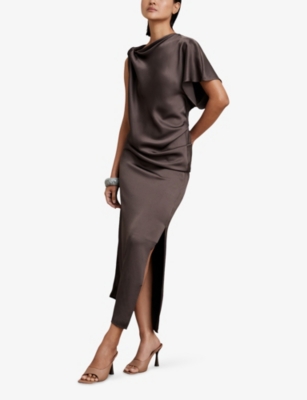 Reiss Mauve Kenzie Satin Asymmetric Draped Midi Dress In Brown