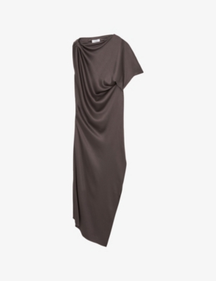 Reiss Mauve Kenzie Satin Asymmetric Draped Midi Dress In Brown