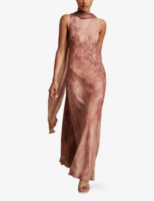 Reiss Womens Pale Pink Lacey Cape Floral-print Crepe Maxi Dress In Pink