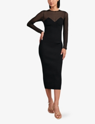 Reiss Womens Black Lila Sheer-sleeve Slim-fit Stretch-knit Midi Dress In Black