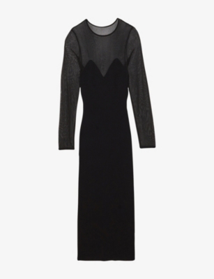 Reiss Womens Black Lila Sheer-sleeve Slim-fit Stretch-knit Midi Dress In Black