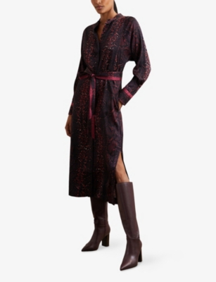 Reiss Womens Burgundy Black Daria Snake-print Belted-waist Woven Midi Dress In Burgundy