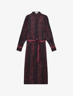 Reiss Womens Burgundy Black Daria Snake-print Belted-waist Woven Midi Dress In Burgundy