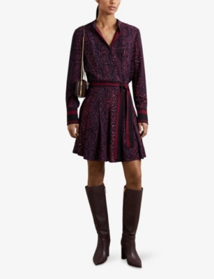 Reiss Womens Burgundy Black Aurora Snake-print Long-sleeve Woven Mini Dress In Multi