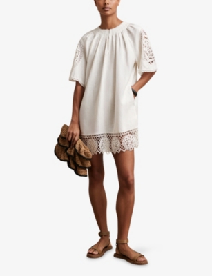 Reiss Womens Ivory Carina Broderie-anglaise Linen Mini Dress In Gray