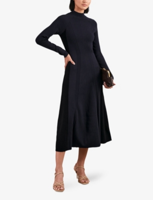 Reiss Womens Navy Black Zaya Mock-neck Stretch-knit Midi Dress Xs In Black