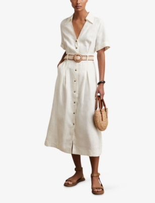 Reiss Womens Ivory Anita V-neck Belted-waist Linen Midi Dress In White