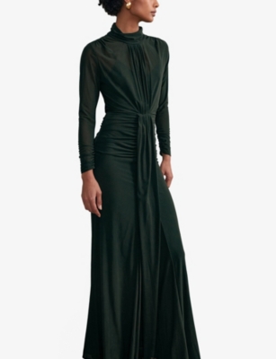 Reiss Womens Dark Green Danni Ruched-front Long-sleeve Stretch-jersey Maxi Dress In Green