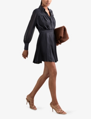 REISS: Giselle Sheer-Sleeve Pleated Woven Mini Dress