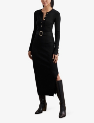Reiss Womens Black Willow Button-down Long-sleeve Stretch-knit Midi Dress In Black