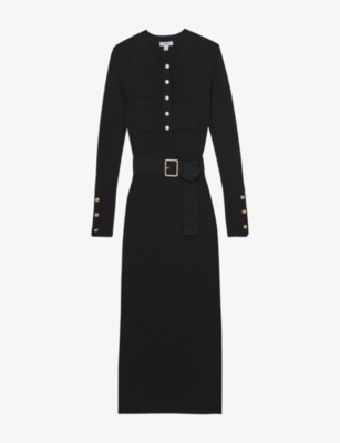 Reiss Womens Black Willow Button-down Long-sleeve Stretch-knit Midi Dress In Black