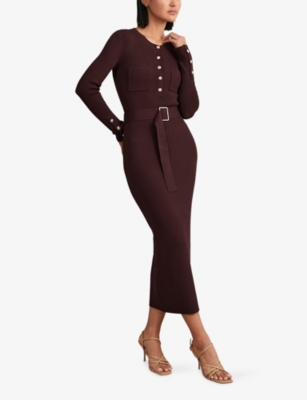 Reiss Womens Burgundy Willow Button-down Long-sleeve Stretch-knit Midi Dress In Burgundy