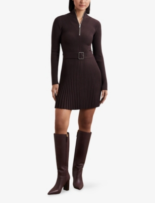 REISS: Vienna Zip-Neck Long-Sleeve Stretch-Knit Mini Dress