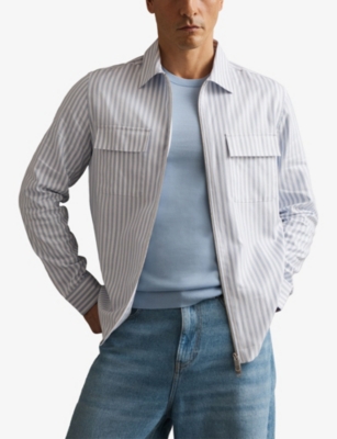 Reiss Mens White Soft Blue Palina Zip-up Long-sleeve Striped Cotton Shirt In White