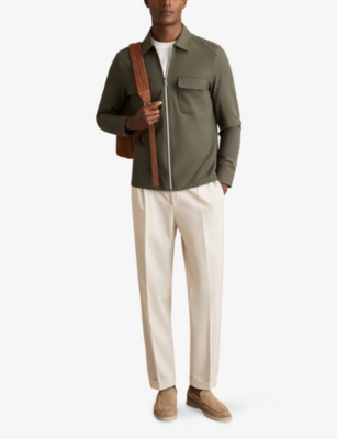 Reiss Mens Green Ascend Zip-up Stretch-woven Overshirt In Green