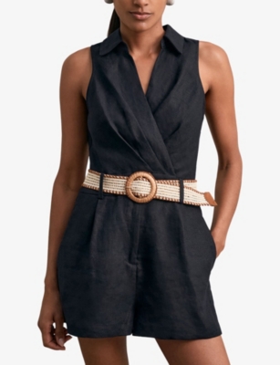 Reiss Womens Navy Mila Belted Linen Playsuit In Blue
