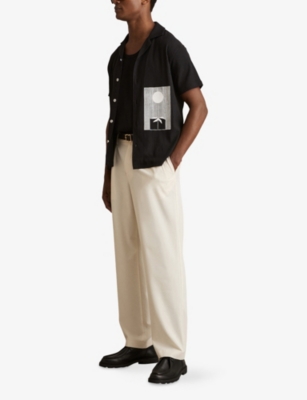 Reiss Mens Coast Abstract-print Short-sleeve Stretch-woven Shirt Black Xs In Black
