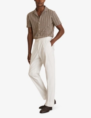 Reiss Mens Tobacco Brown Vallata Cuban-collar Abstract-stripe Stretch-knit Shirt Xs