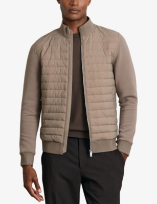 Reiss Mens Taupe Brown Freddie Funnel-neck Quilted Jersey Jacket Xl In Brown
