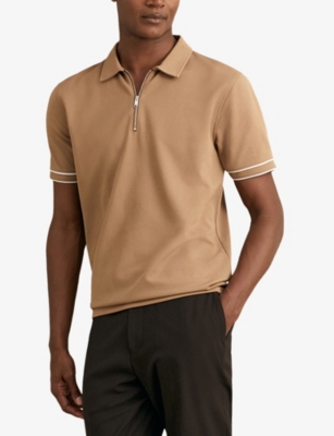 Reiss Mens Camel Zain Short-sleeved Stretch-woven Polo Shirt In Brown
