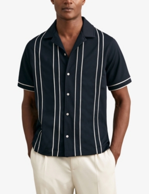 Reiss Mens Navy White Sander Cuban-collar Striped Stretch-woven Shirt Xl In Black