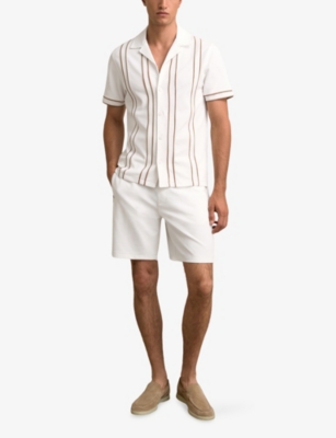Reiss Mens White Camel Sander Cuban-collar Striped Stretch-woven Shirt Xs In White