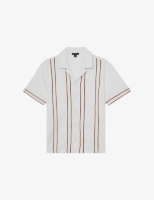 Reiss Mens White Camel Sander Cuban-collar Striped Stretch-woven Shirt Xs In White