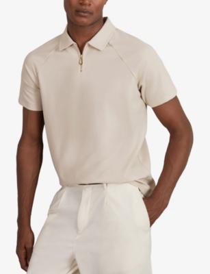 Reiss Mens Stone Winston Zip-neck Short-sleeve Stretch-knit Polo In Neutral
