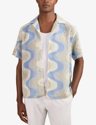 Reiss Blue Multi Wave Crochet Cuban Collar Shirt In Gray