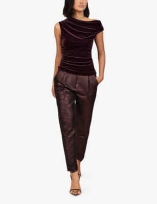 Reiss Womens Plum Purple Demi Off-shoulder Stretch-velvet Top In Purple