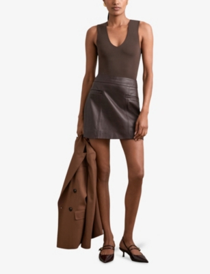 Reiss Womens Chocolate Brown V-neck Sleeveless Jersey Bodysuit In Brown