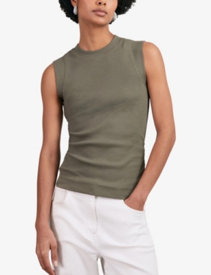 Reiss Womens Khaki Green Trudy Ruched Stretch-cotton Vest Top In Green