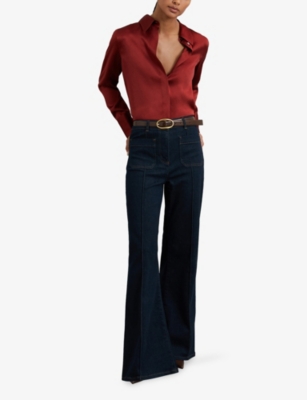Reiss Womens Dark Red Ameira Concealed-placket Long-sleeve Silk Shirt In Red