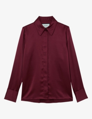 Reiss Womens Ameira Concealed-placket Long-sleeve Silk Shirt Red In Burgundy