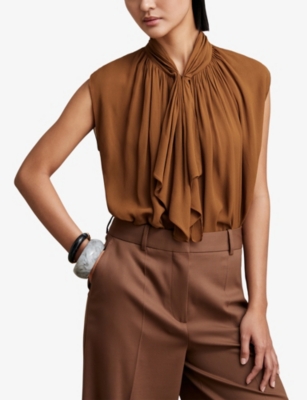 Reiss Womens Tan Brown Lucy Ruffle-neck Sleeveless Crepe-chiffon Blouse In Brown