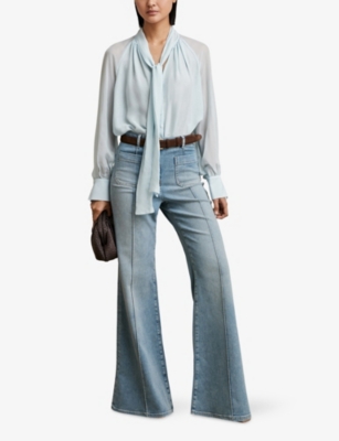 Reiss Womens Pale Blue Tina Tie-neck Long-sleeve Silk-blend Blouse In Blue