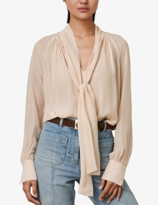 Reiss Womens Pale Pink Tina Tie-neck Long-sleeve Silk-blend Blouse In Pink