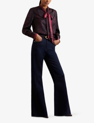 REISS: Dana Snake-Print Tie-Neck Woven Blouse