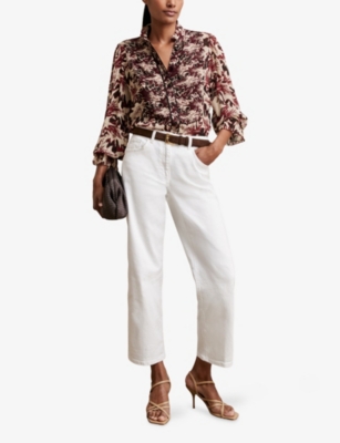 Reiss Womens Burgundy Cream Jules Graphic-print Long-sleeve Woven Top In Multi