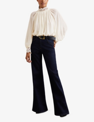 Reiss Womens Cream Czara Ruffle-neck Long-sleeve Woven Top In White