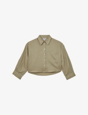 Reiss Womens Green Solena Cropped Linen Shirt