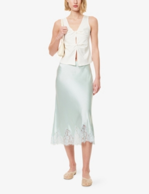 REFORMATION: Carolina Lace-Trim Silk-Charmeuse Midi Skirt