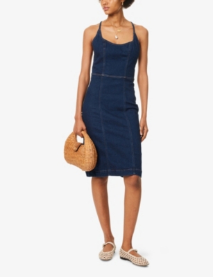 Reformation Womens Reservoir Crosley Criss-cross-shoulder-straps Stretch-denim Blend Midi Dress