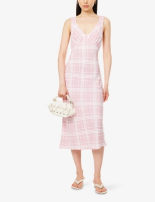 Reformation Womens Beauden Check-print Crepe Midi Dress Rosa Plaid In Purple